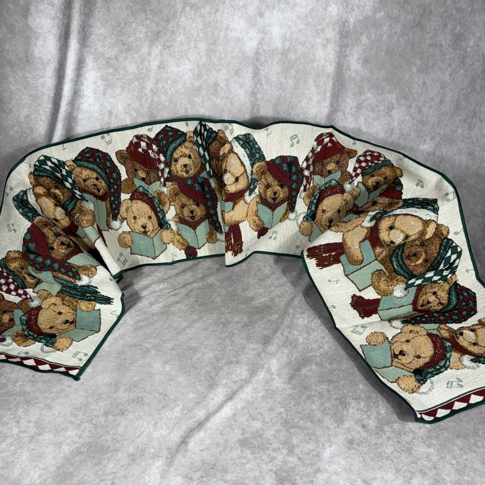 Vtg Christmas Caroling Bears Woven Tapestry Table Runner Holiday Decor 13x72